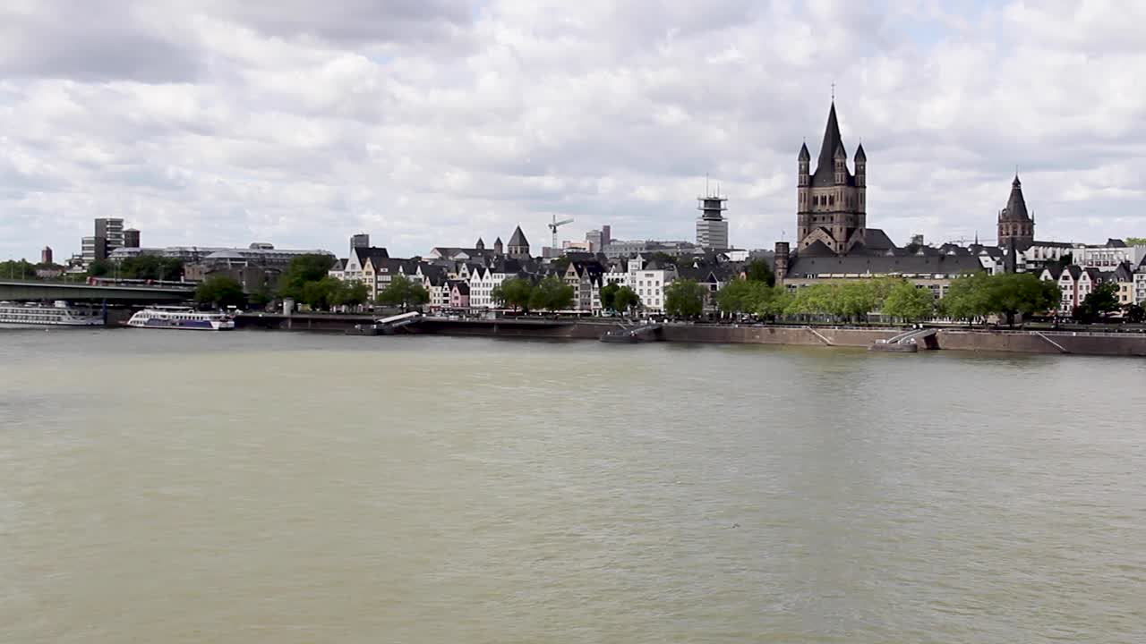 Pan of the city of Cologne from between the two bridges on the Rhine river