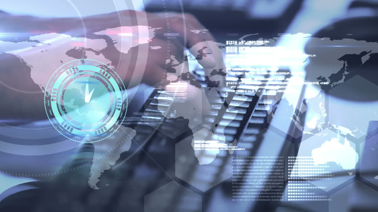 animación de un reloj que se mueve rápido y procesamiento de datos sobre una persona que escribe en el teclado de la computadora