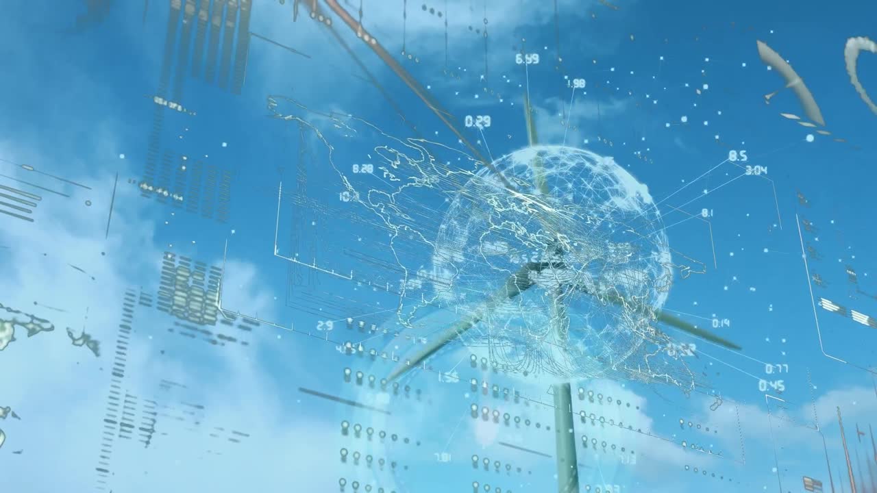 하늘을 대비하여 풍차의 낮은 각도 뷰를 통해 지구와 디지털 인포그래픽 인터페이스의 애니메이션