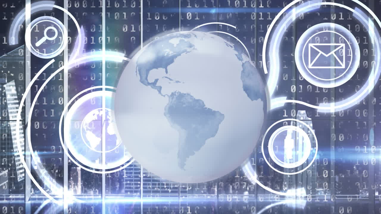 animación de un globo giratorio con iconos tecnológicos y datos e información