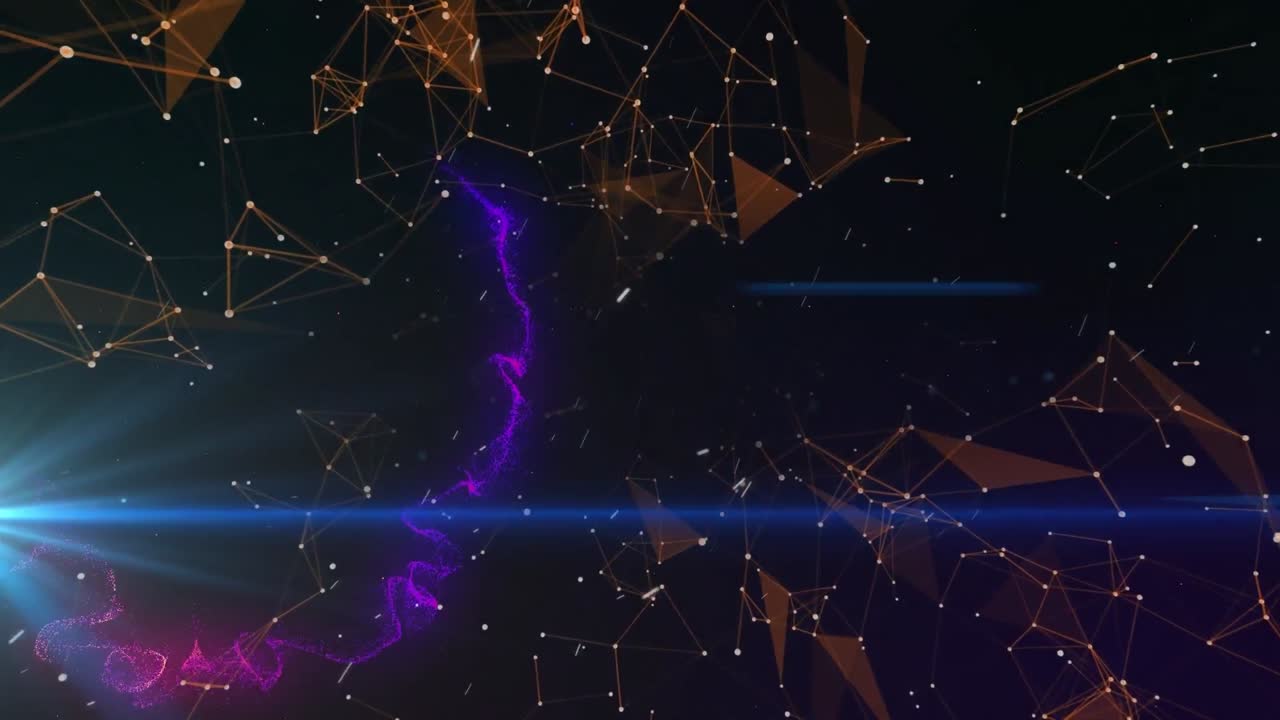 Animation of plexus networks, light spot and digital waves against black background