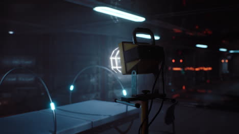 advanced laboratory equipment illuminated by soft blue light in a dark setting