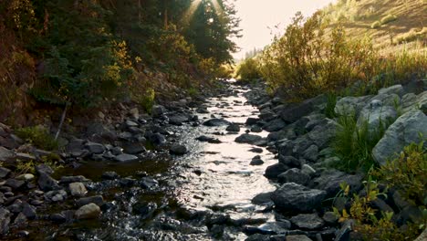 beautiful and enchanted creek as it tumbles down near a road amongst fall colors during sunset