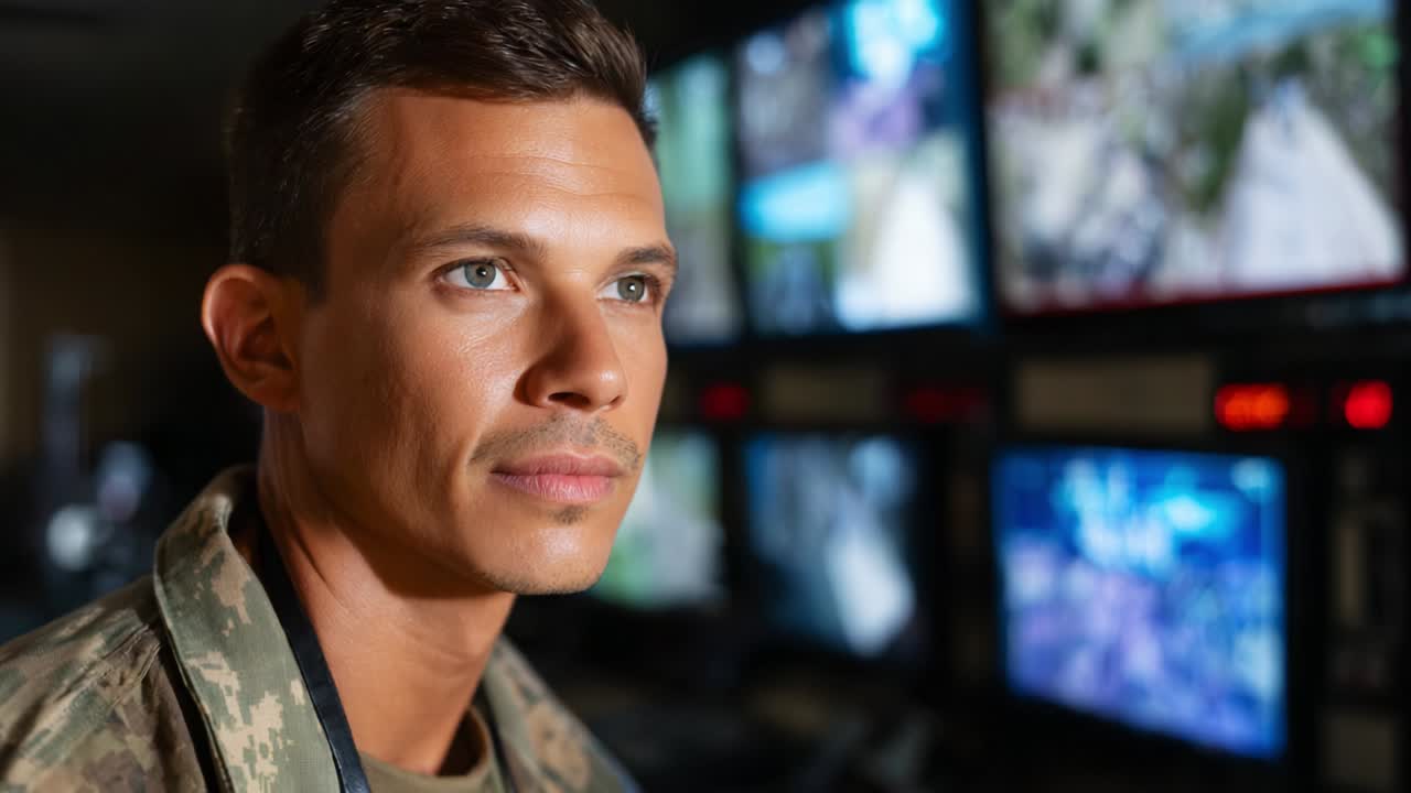 A focused military personnel analyzing multiple surveillance feeds in a high-tech control room, highlighting the critical role of personnel in monitoring and assessing security situations in real-time environments