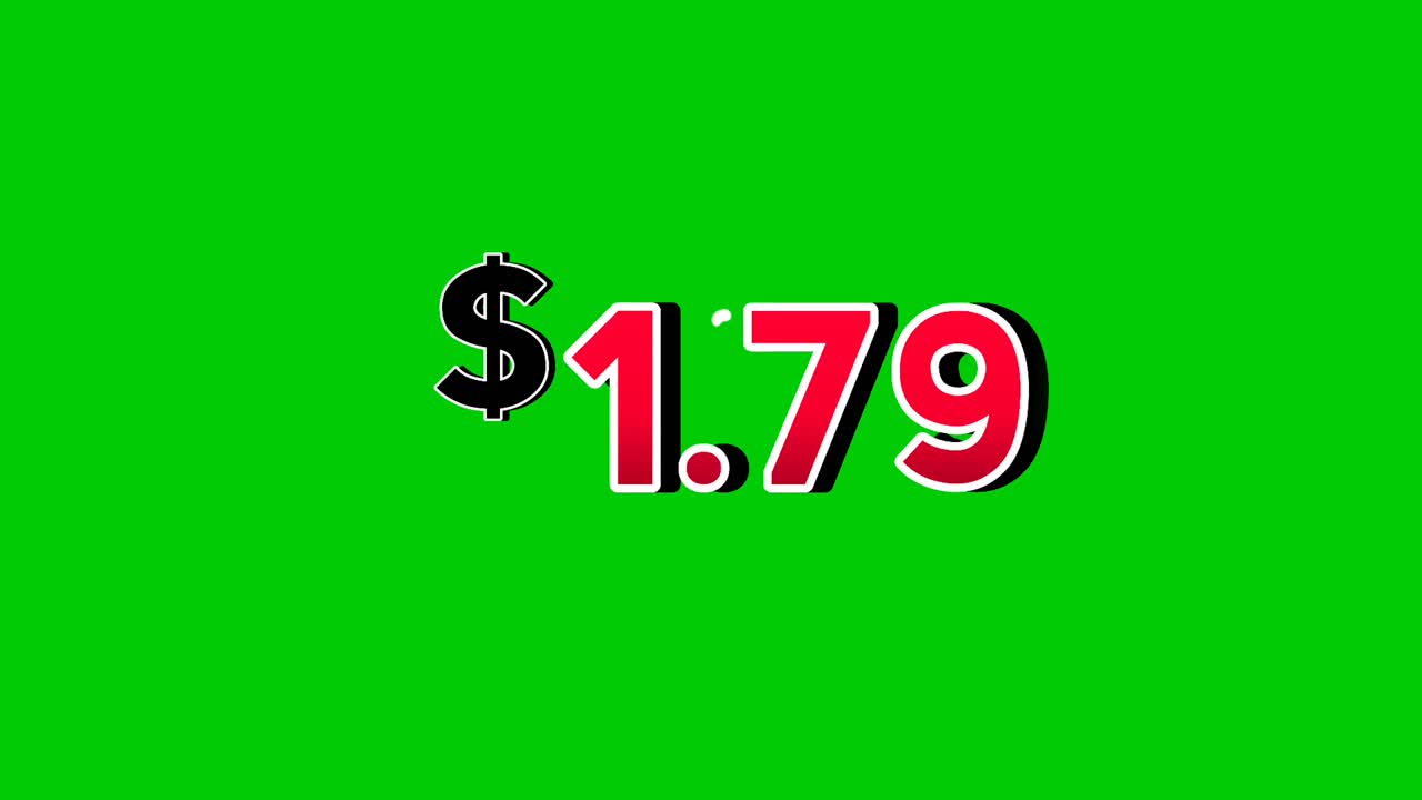 $1.79 Dollars price tag animation motion graphics in bold red numbers on green screen background with smoke effects. dollar symbol is displayed prominently perfect promotions, ads, banners, marketing