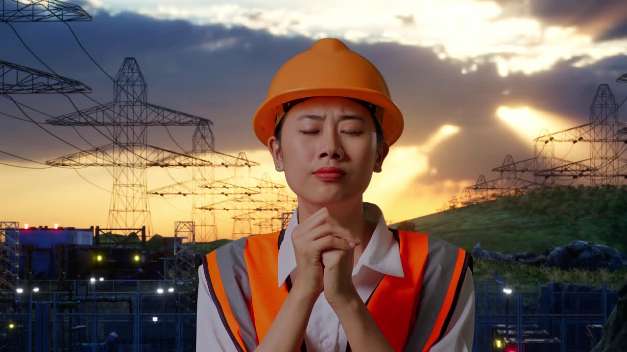 Close Up Of Asian Female Engineer With Safety Helmet Pray For Something While Standing Near High Voltage Tower