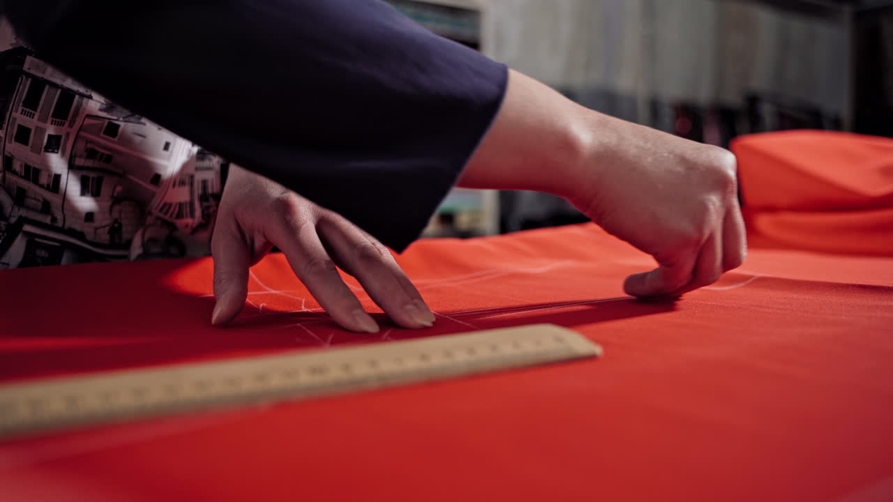 Seamstress making pattern on fabric. Dressmaker working at desk pointing with pattern