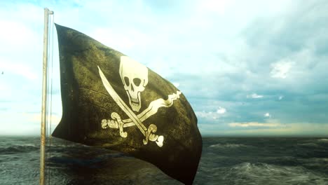 bandera pirata con jolly roger. bandera pirata en el viento con cielo nublado en el fondo del mar antes de la tormenta. animación en bucle.