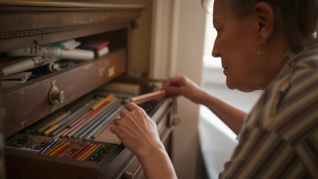 Donna anziana chinata in un cassetto, che esamina le file e seleziona una matita rosa per un progetto artistico.