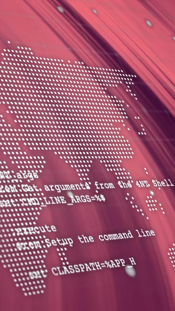 Vertical video: Cam panning and zooming revealing dotted map, console text sliding showing data