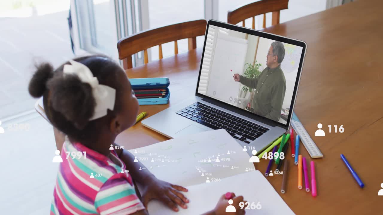 Live stream starting, kid drawing with pink crayon and following lesson while overlays animating
