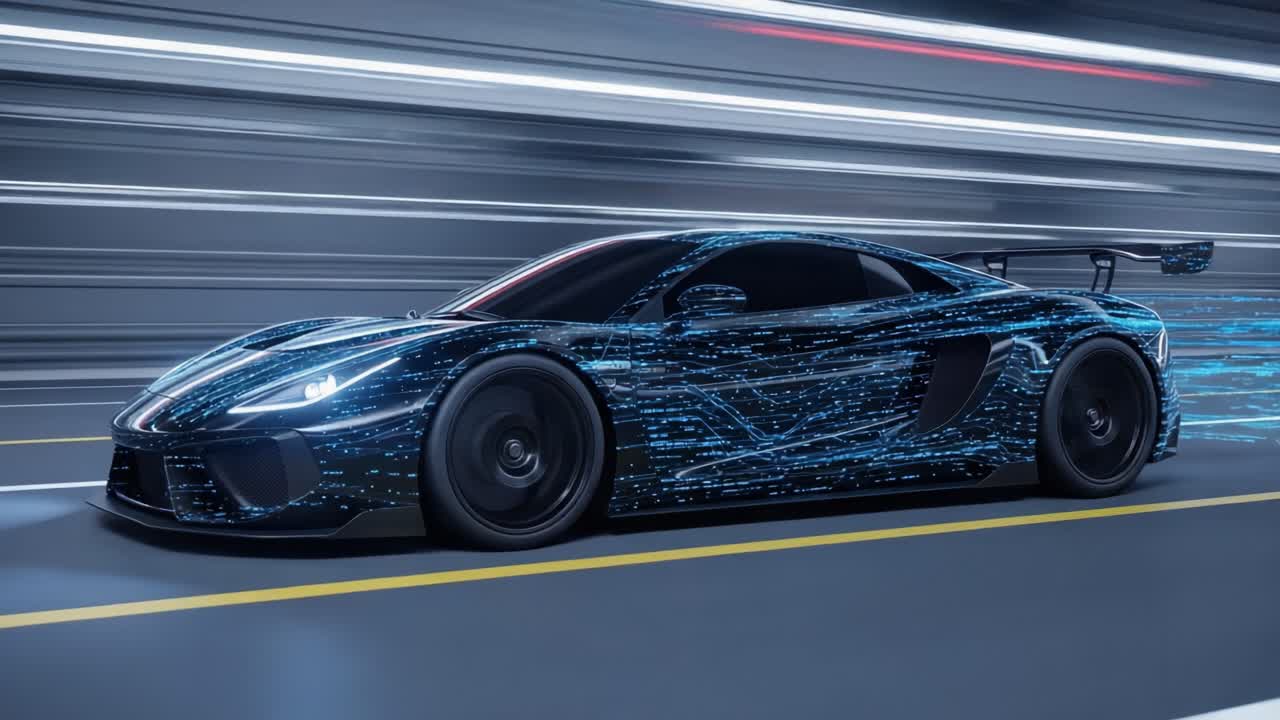 Dynamic Motion of a High-Tech Sports Car with Futuristic Design and Glowing Patterns Emphasizing Speed, Acceleration, and Cutting-Edge Technology on a Dark Highway Night