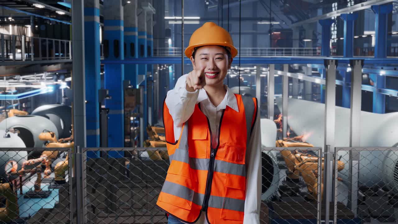 현대 공장에서 무언가를 가리키는 여성 엔지니어