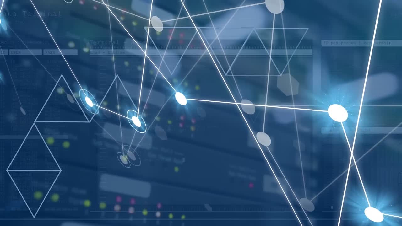 Animation of connected dots over triangles against electronic equipment in background