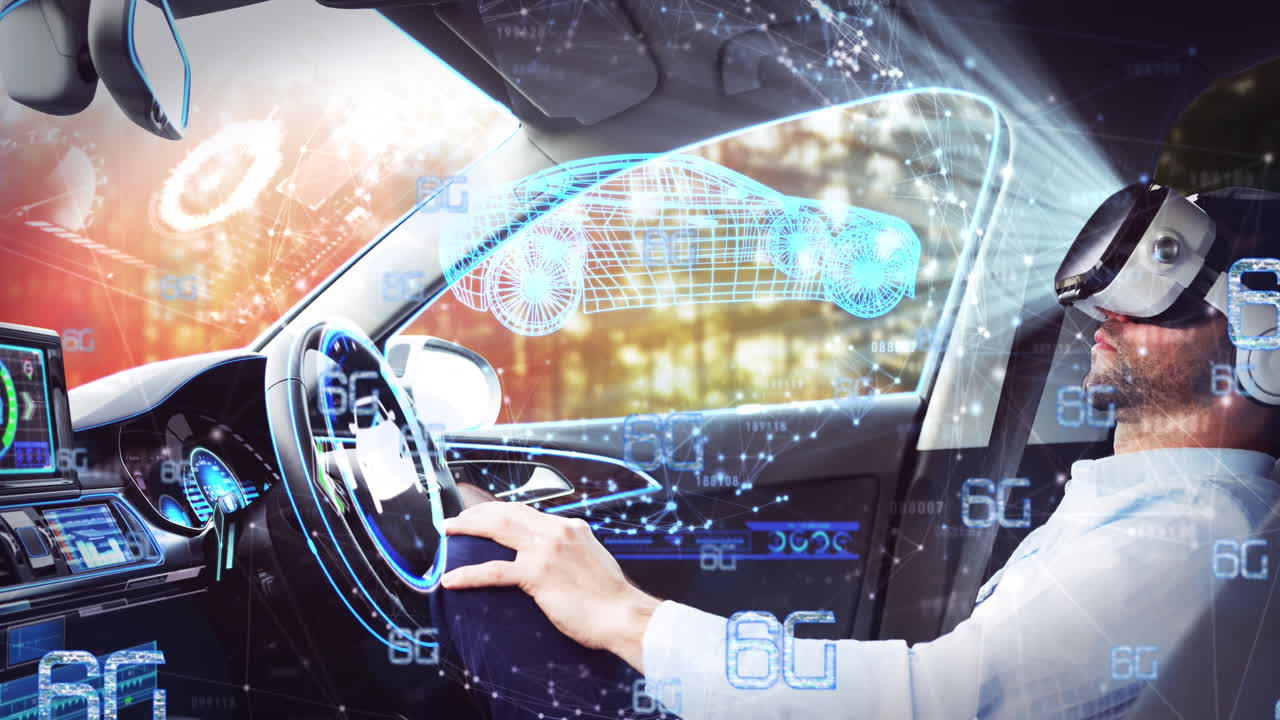 vr 헤드 ⁇ 을 사용하는 백인 남성의 디지털 인터페이스와 3d 자동차의 비디오