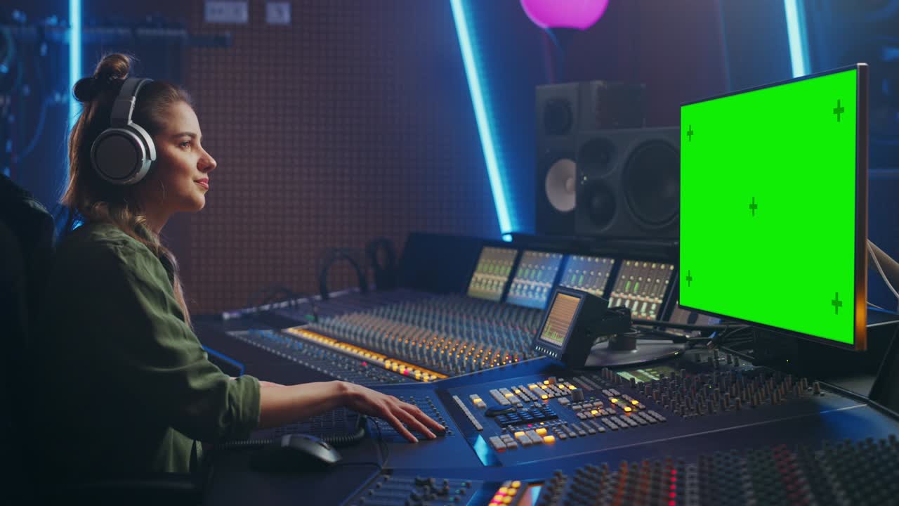 Elegante Ingegnere del Suono / Produttrice che lavora in uno studio di registrazione musicale, utilizza cuffie, un display per computer con green screen, mixer e banco di controllo per creare una nuova canzone. Artista musicista creativa balla.