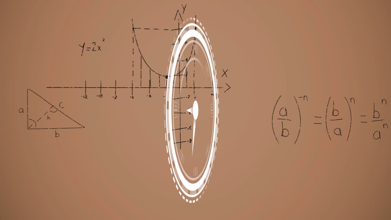 베이지색 배경 위에 수학 수식 위로 이동하는 시계의 애니메이션