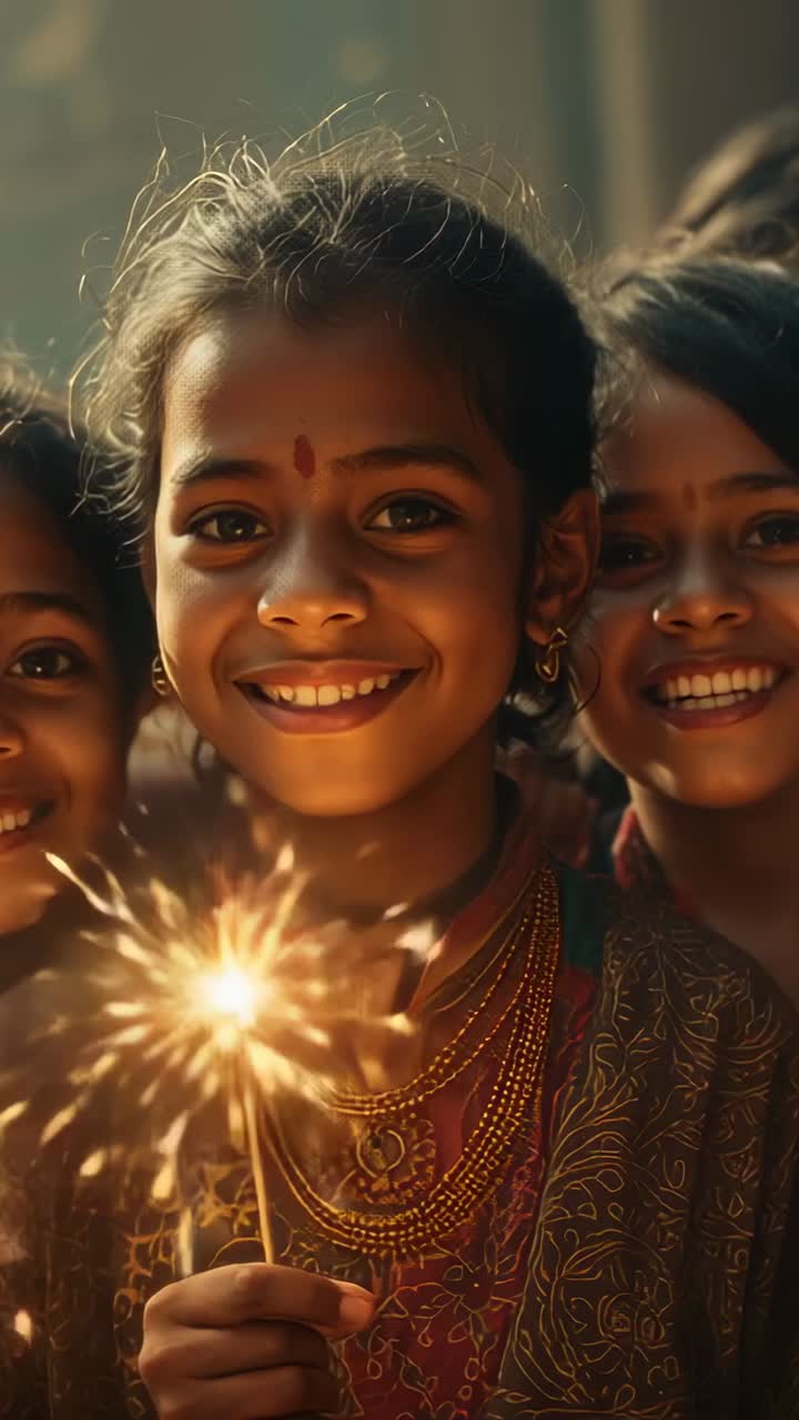 Vertical video: Igniting sparkler, three South Asian girls watching sparks in festive wear at home