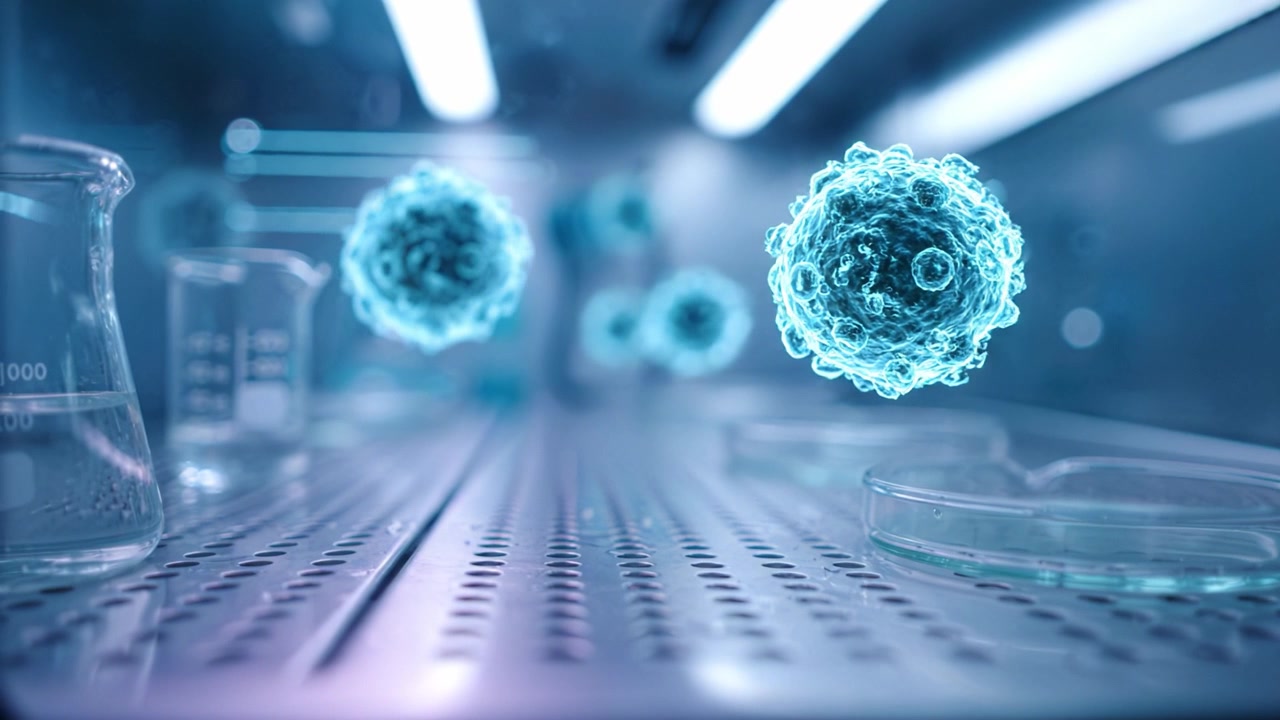 Advanced Microscopic View of Floating Cells in a Laboratory Setting, Showcasing High-Tech Equipment and Spectacular Digital Renderings of Microorganisms