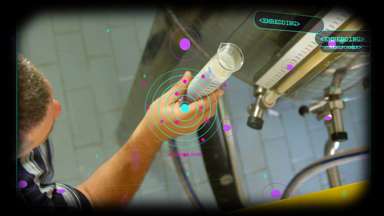 Male tech approaching lab nozzle and aligning graduated cylinder for inspection, HUD tracking data