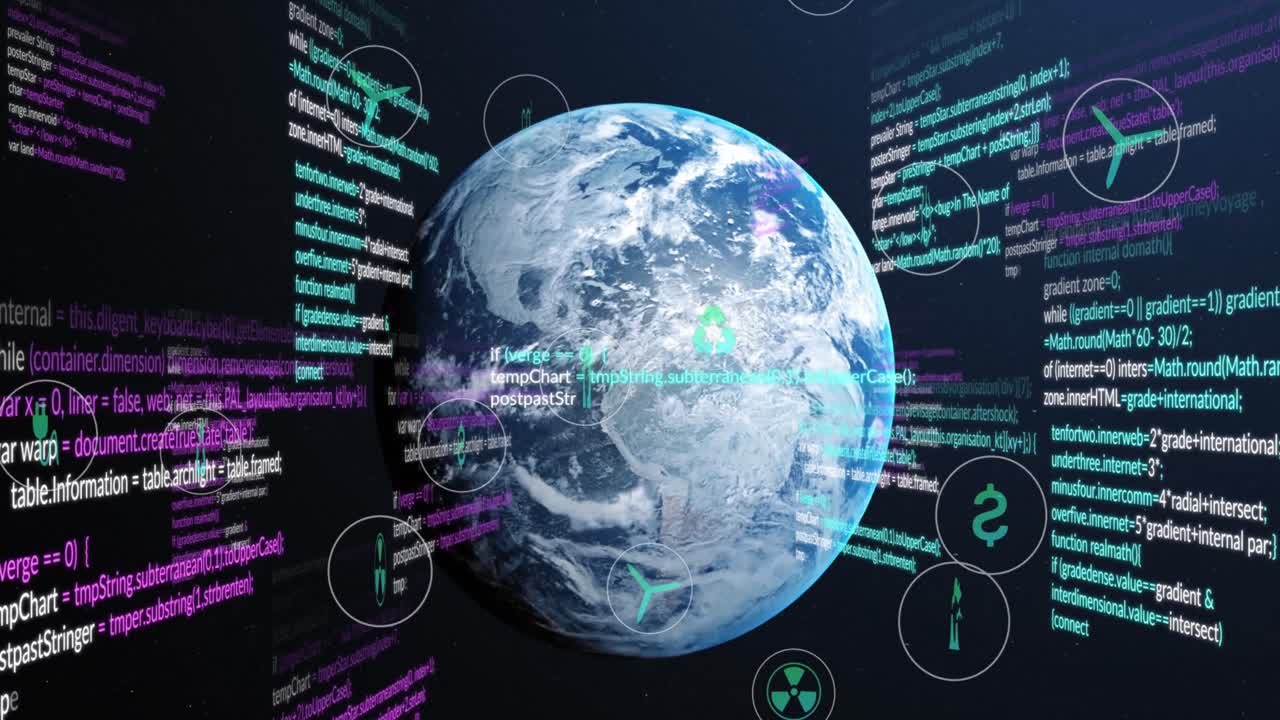 Animation of eco icons and data processing over globe