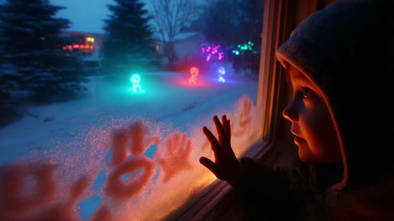 A Child's Wonder: Gazing at Colorful Holiday Lights Through a Frosted Window on a Snowy Evening, Capturing the Magic of Winter Celebrations and Cheerful Decorations