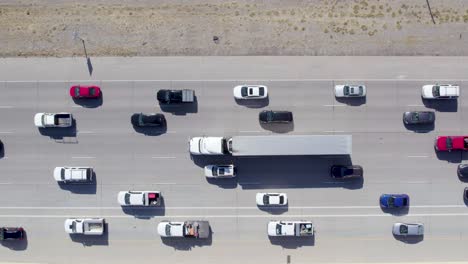 Rush-Hour-Traffic-Jam-on-Interstate-Highway-Road,-Aerial-Overhead-View