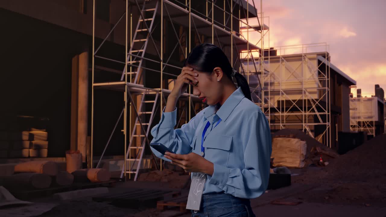 Side View Of Asian Female With Her Smartphone At Construction Site in Progress to New House, Checking With Dissapionted And Nodding Her Shead