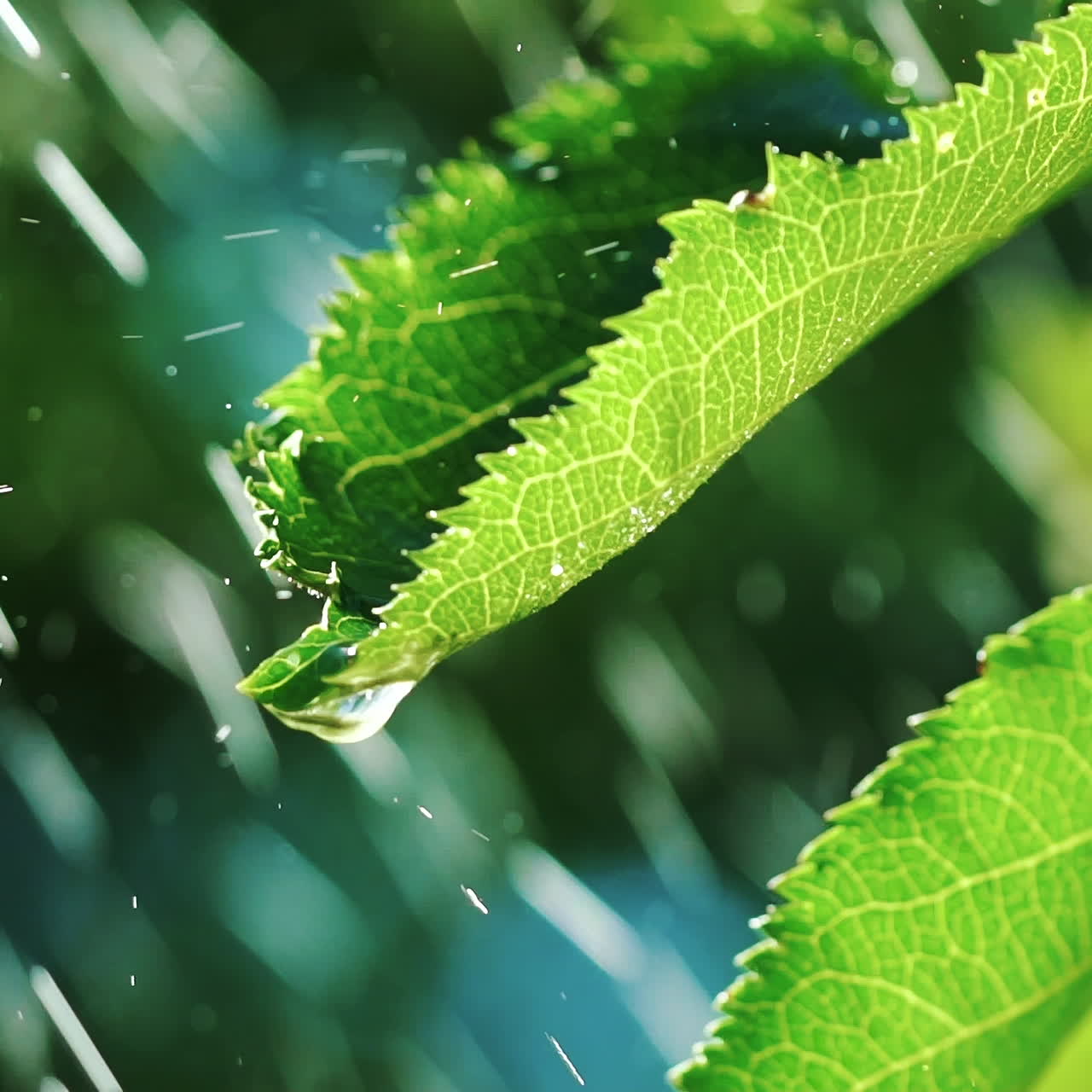 Drops of rain fall on the leaves close up. Slow motion.