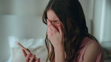 crying woman calling mobile partner at night closeup. depressed stressed girl