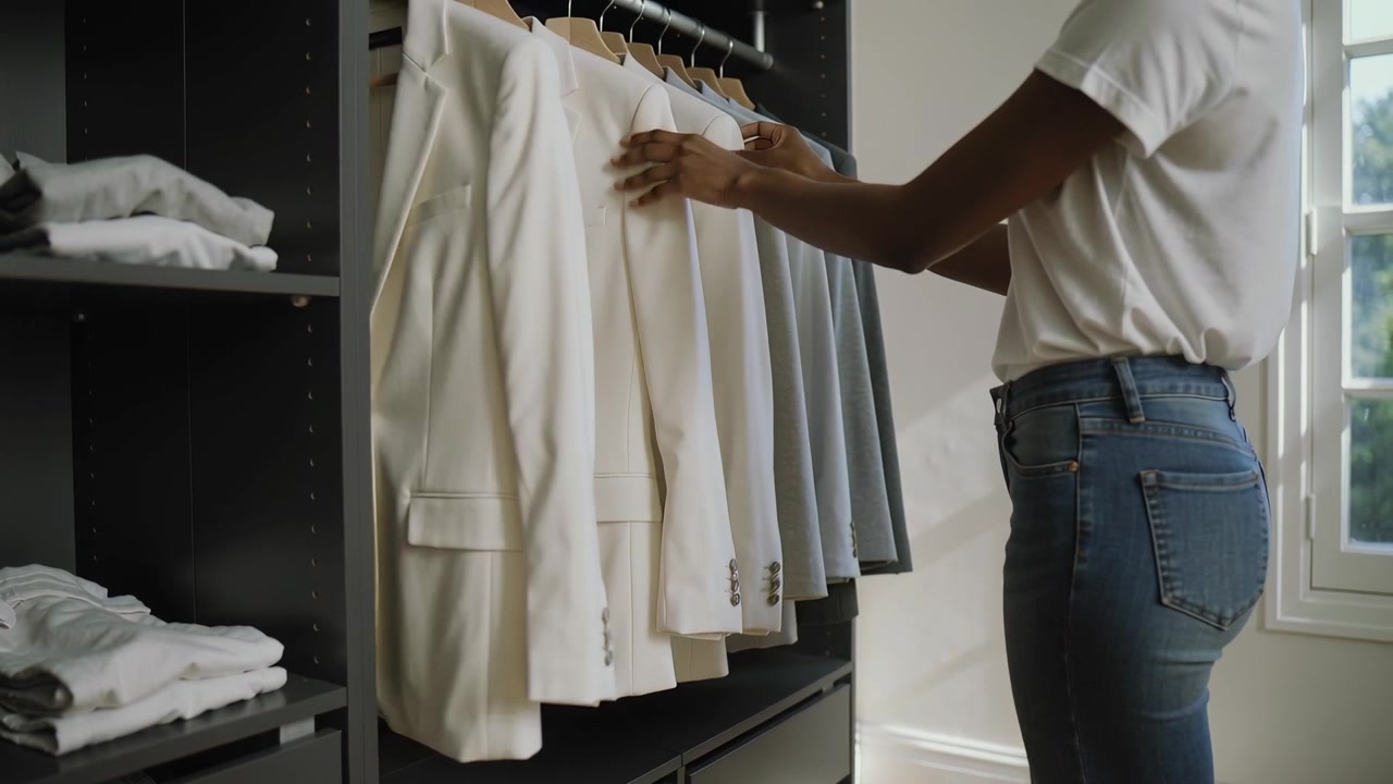 Donna che allunga la mano in maglietta e jeans mentre controlla le giacche in un guardaroba buio, luce del sole che filtra, spazio per il testo
