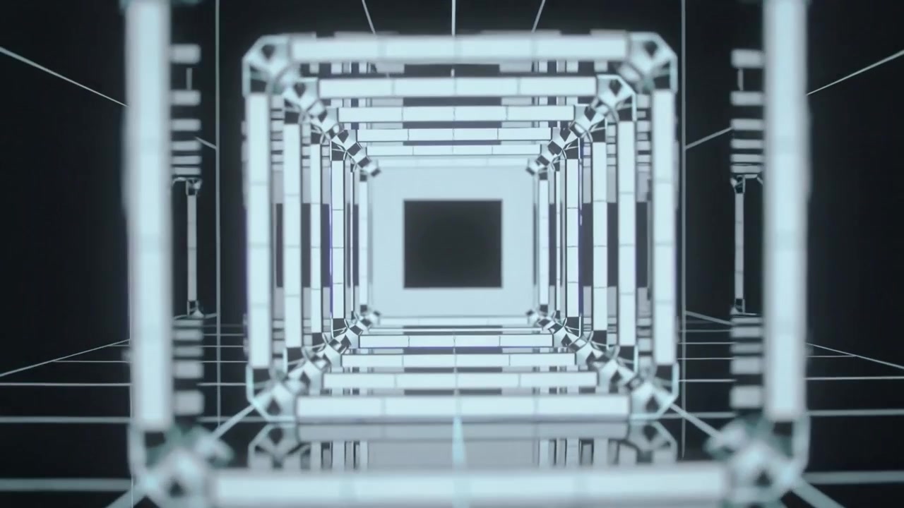 Animating lit square tunnel on start, frames moving inward mirroring floor revealing dark square