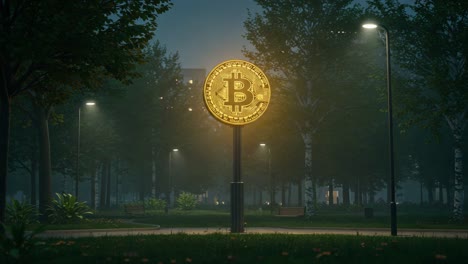 illuminated digital currency symbol in a serene park setting, highlighting the intersection of nature and technology under a moonlit sky