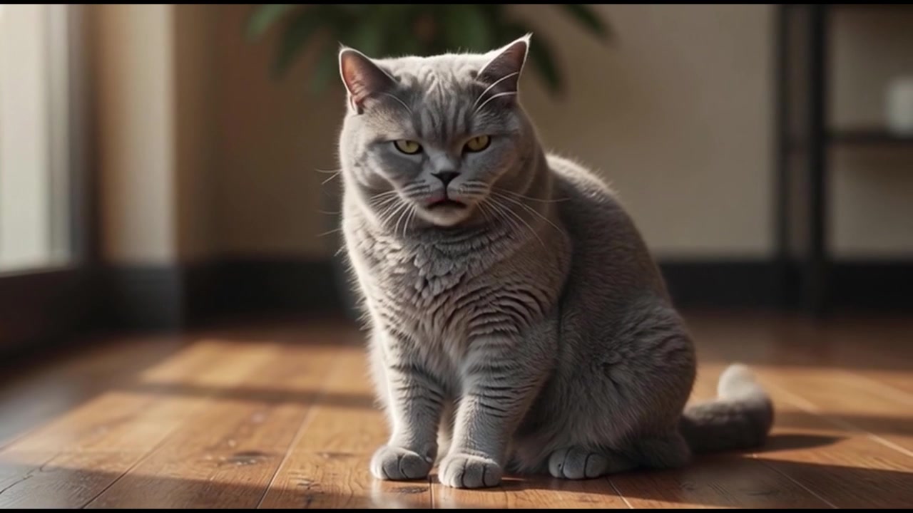 Gatto British Shorthair che si toeletta su un pavimento di legno