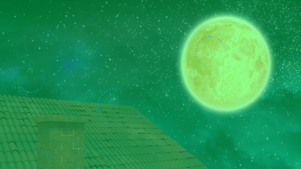 Animación de nieve navideña cayendo en un paisaje invernal con luna llena sobre un fondo verde.