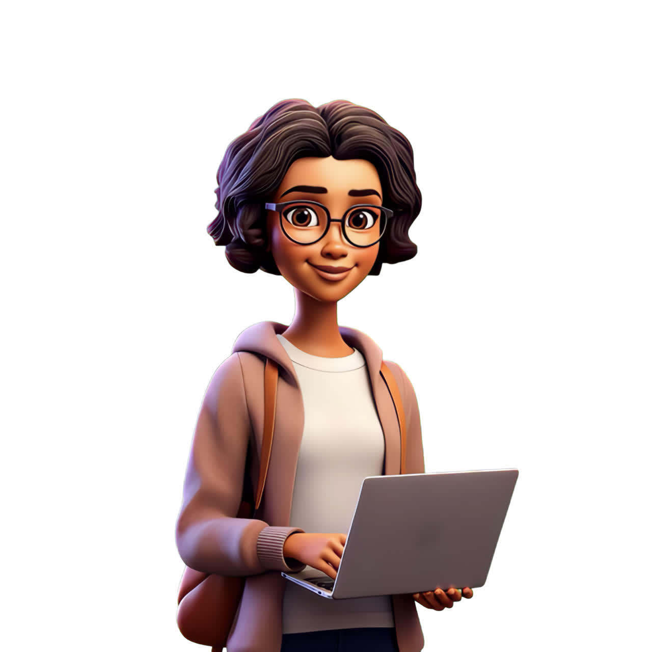 Woman working on laptop, 3d character animation isolated asset, transparent 4K video, alpha channel