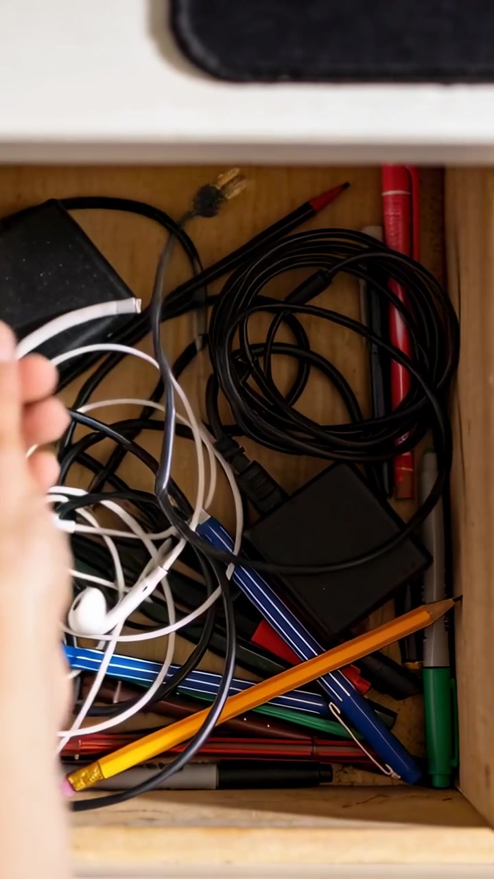 Vertical video: Entering hand reaching into drawer, grasping earbuds, lifting black cable for use