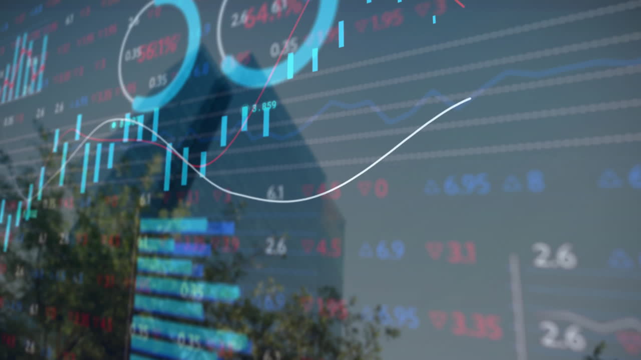 animación del mercado de valores y diagramas sobre el paisaje urbano