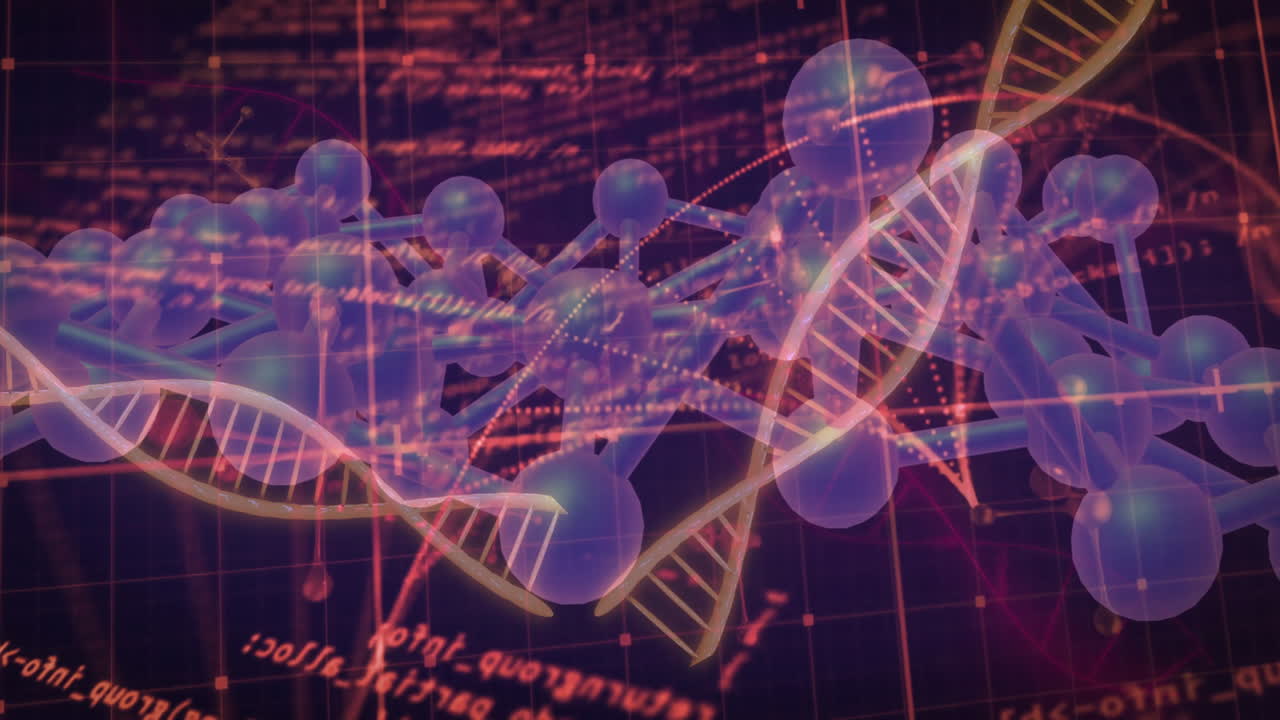 animación del procesamiento de datos científicos sobre cadenas de adn en un fondo oscuro