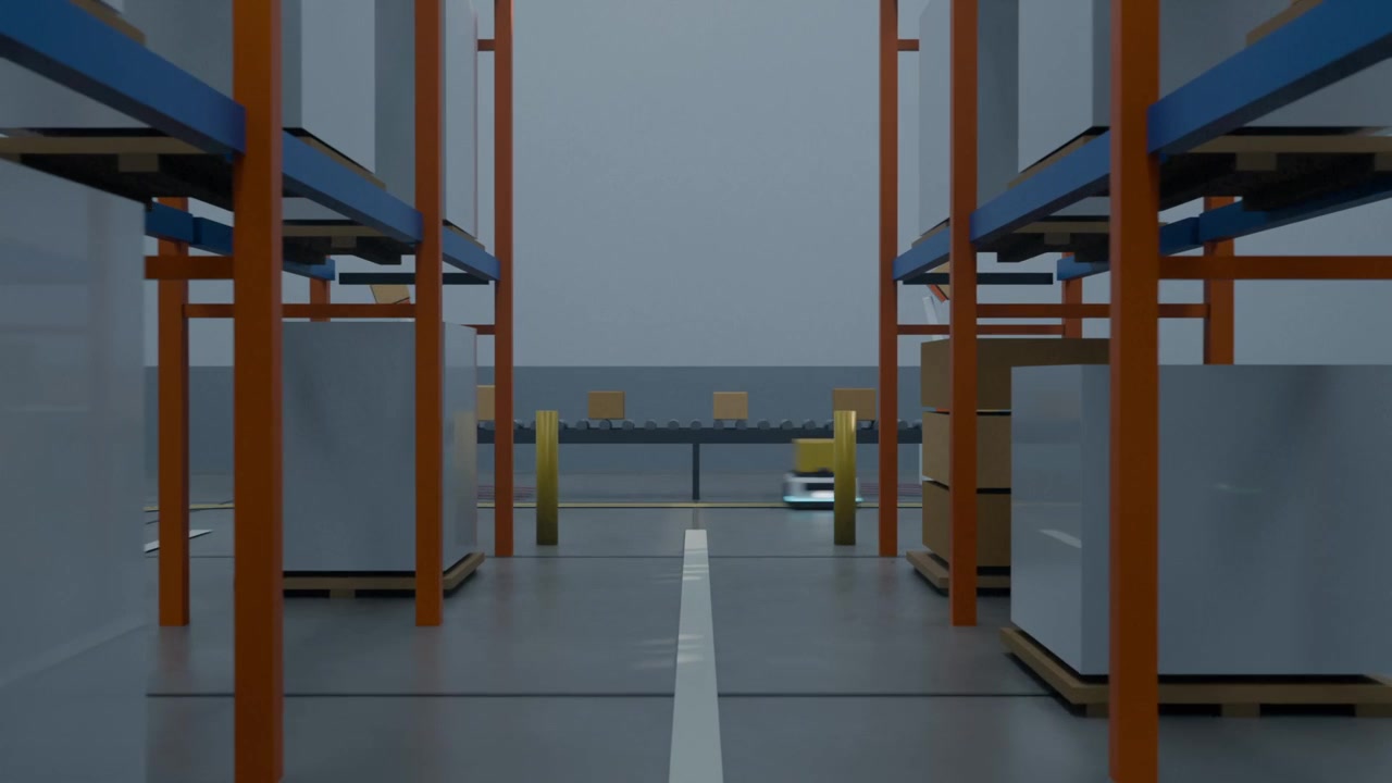 Activating automation sending small AGVs along centerline in warehouse aisle, for package transfer