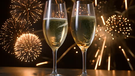 two glasses of champagne celebrating with fireworks
