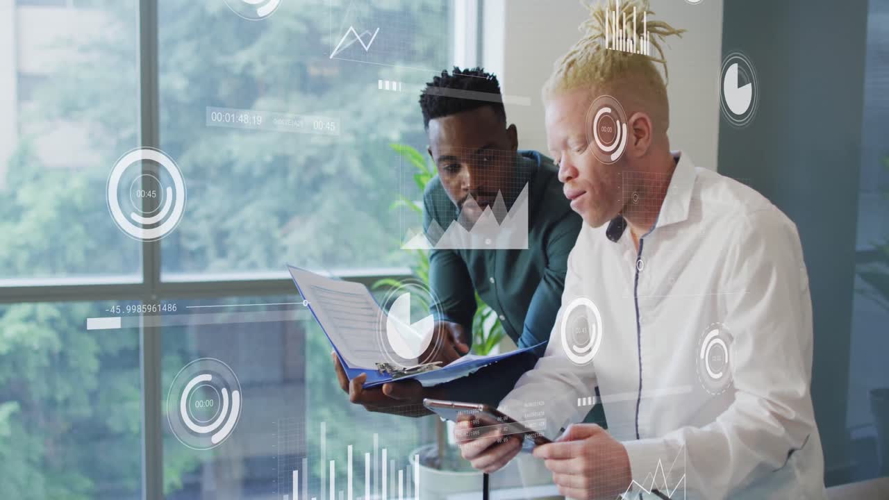 Animation of data processing over diverse business people in office