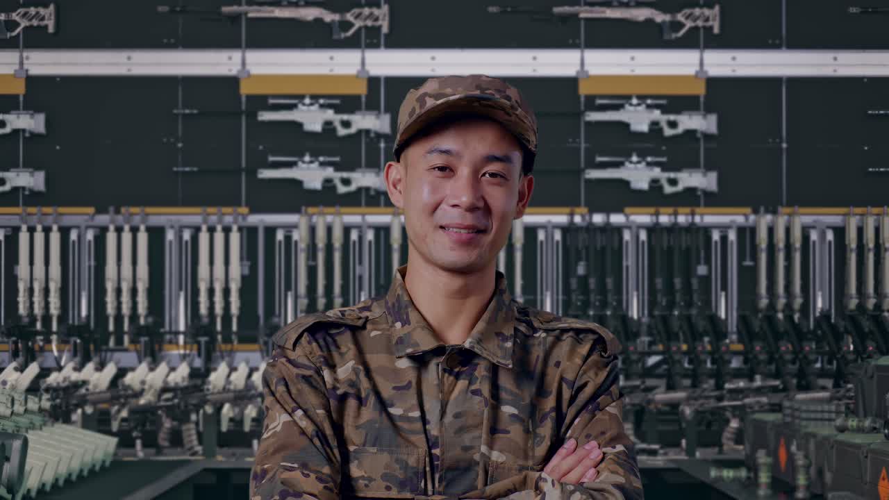 close up tentara pria Asia tersenyum dan menyilangkan tangan di Gudang Senjata Militer