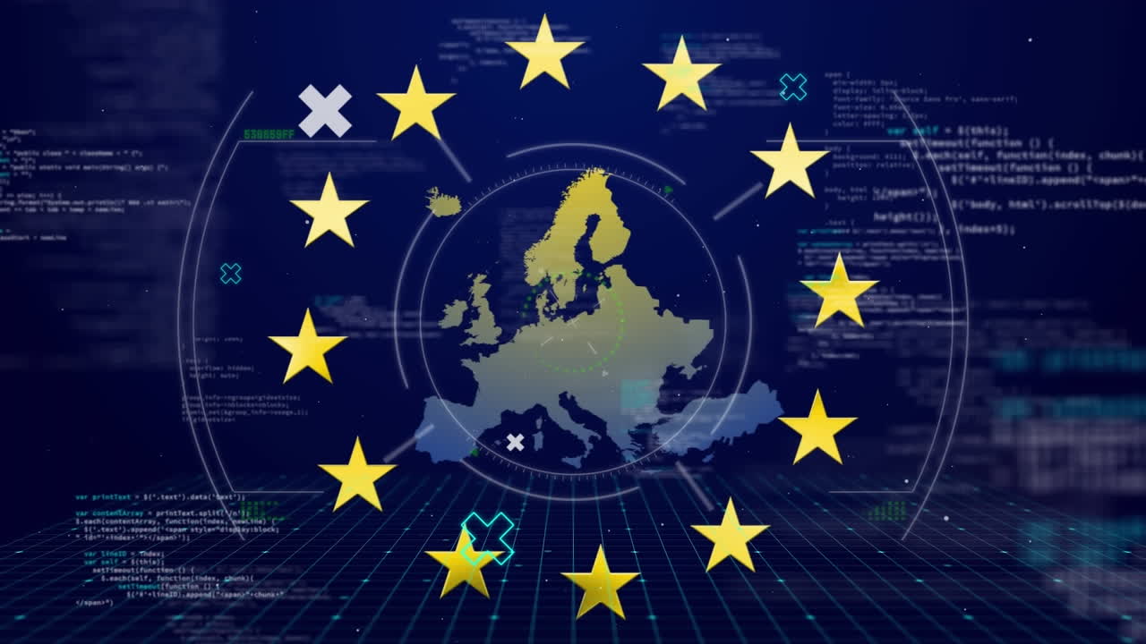 Animazione della bandiera dell'UE su elaborazione dati e mappa dell'Europa