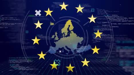 animation of flag of eu over data processing and europe map
