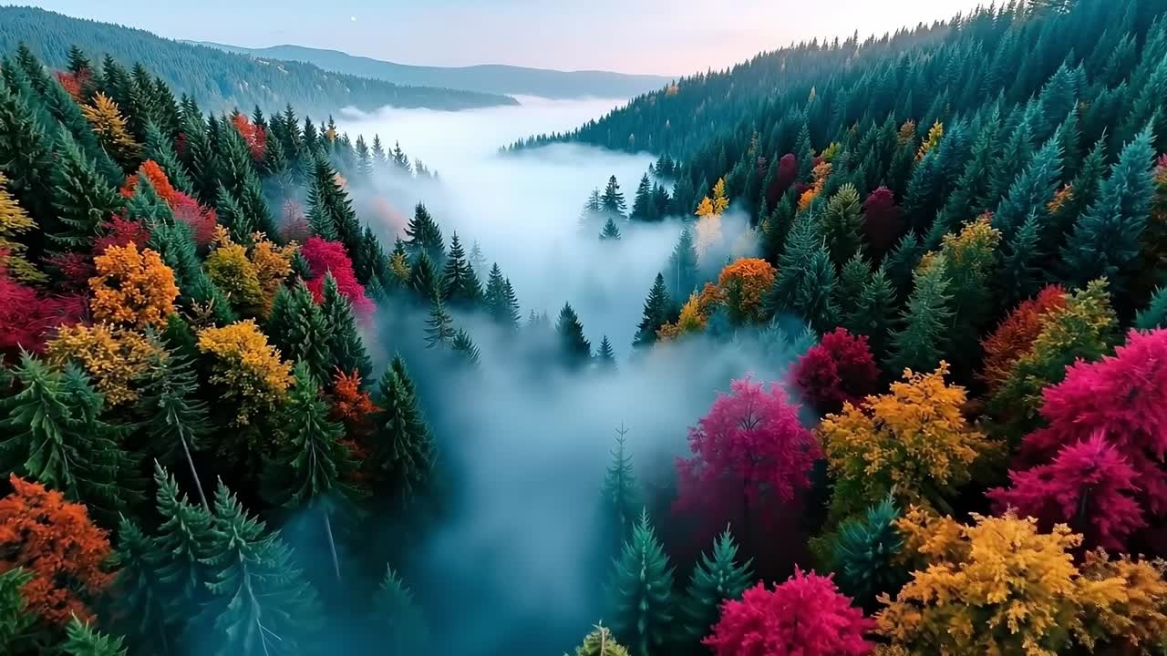 A foggy forest filled with lots of colorful trees