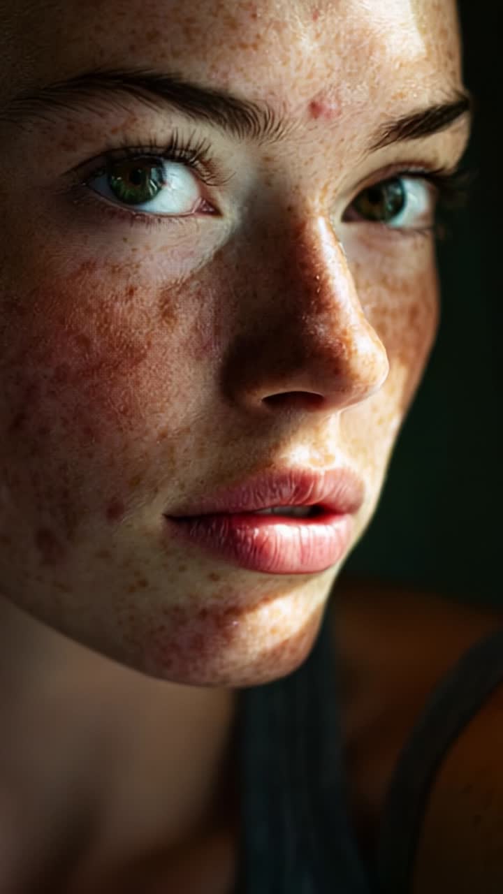 Primo piano di una giovane donna con lentiggini e splendidi occhi verdi, che cattura la profondità e l'emozione nella sua espressione con una delicata illuminazione naturale