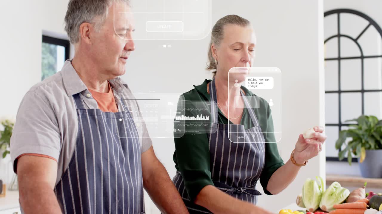 Woman checking clove and showing while man watching tablet sending HUD chatbox aiding kitchen prep