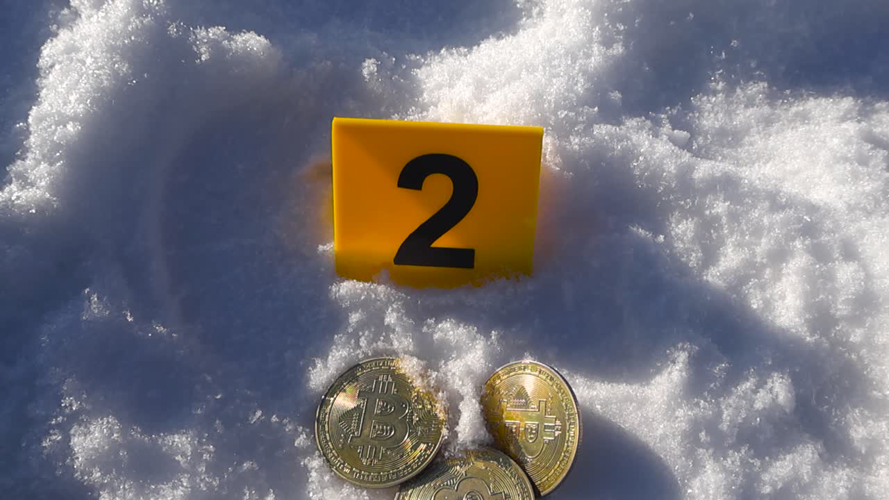 Downward reveal of cryptocurrency tokens beside forensic marker symbolizing investigation