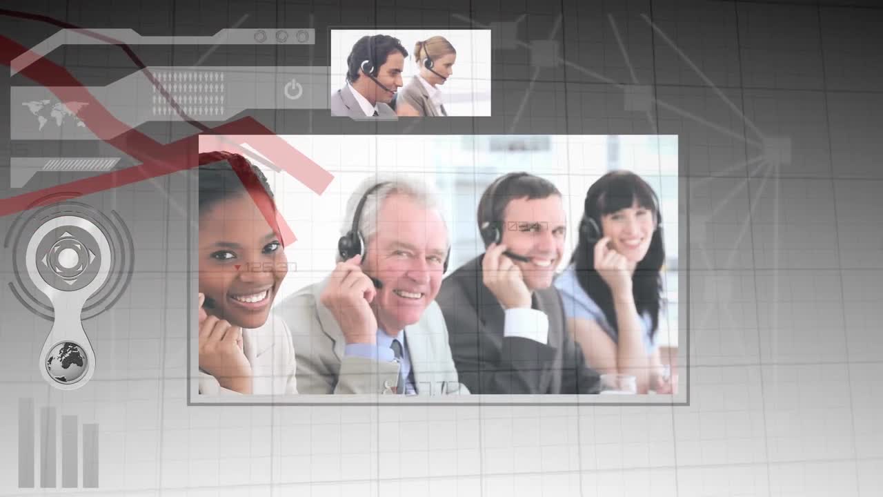 animación del procesamiento de datos financieros sobre diversas personas de negocios que usan auriculares telefónicos